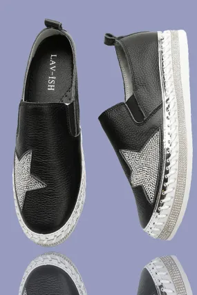 ARIANNE Black Leather Star Slip-Ons