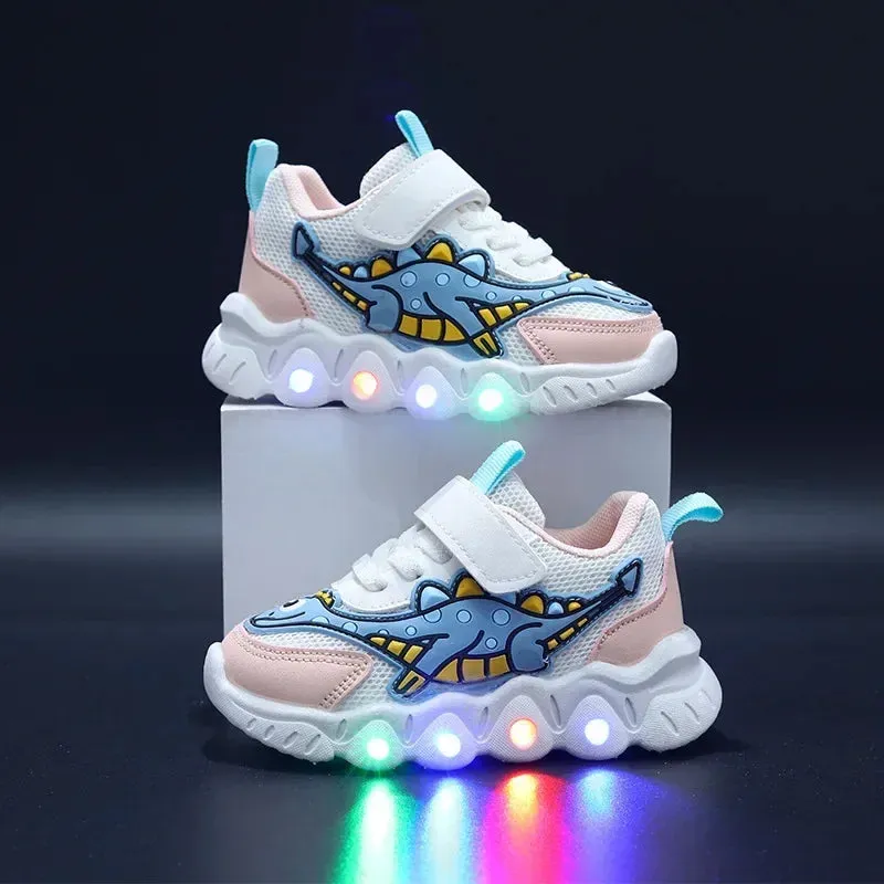 LED Kid Cartoon Dinosaur Boy Casual Sneaker Boy Kid Shoe Girl Mesh Breathable Shoe Baby Illuminated Shoe Tennis Shoes