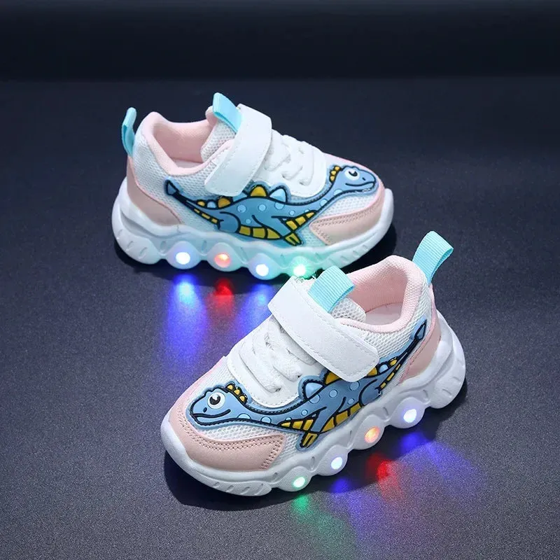 LED Kid Cartoon Dinosaur Boy Casual Sneaker Boy Kid Shoe Girl Mesh Breathable Shoe Baby Illuminated Shoe Tennis Shoes