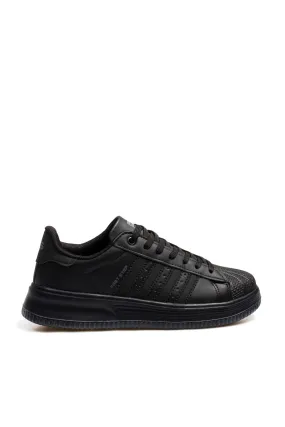 Men's All-Black Leather Low-Top Sneakers with Textured Toe - Wessi