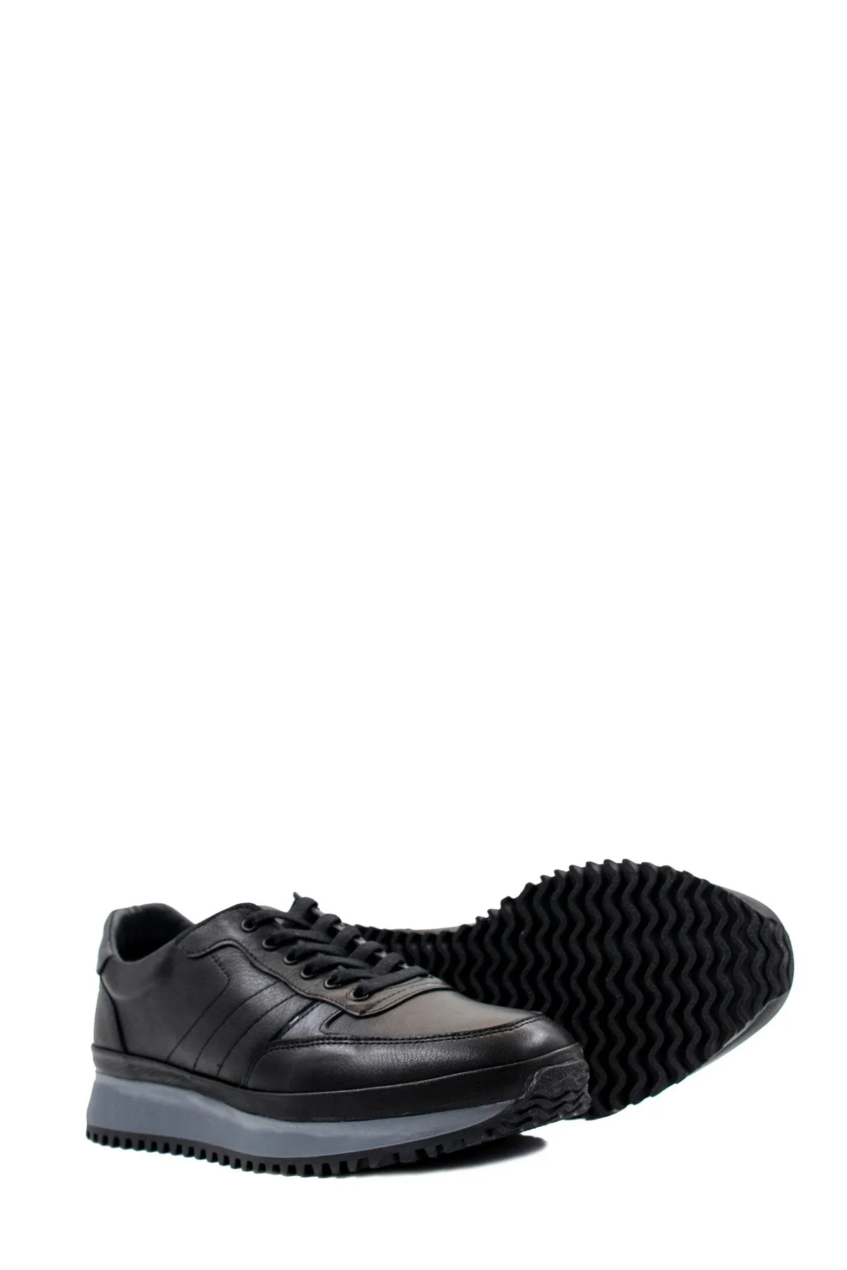 Men's Black Leather Lace-Up Sneakers with Contrasting Sole - Wessi