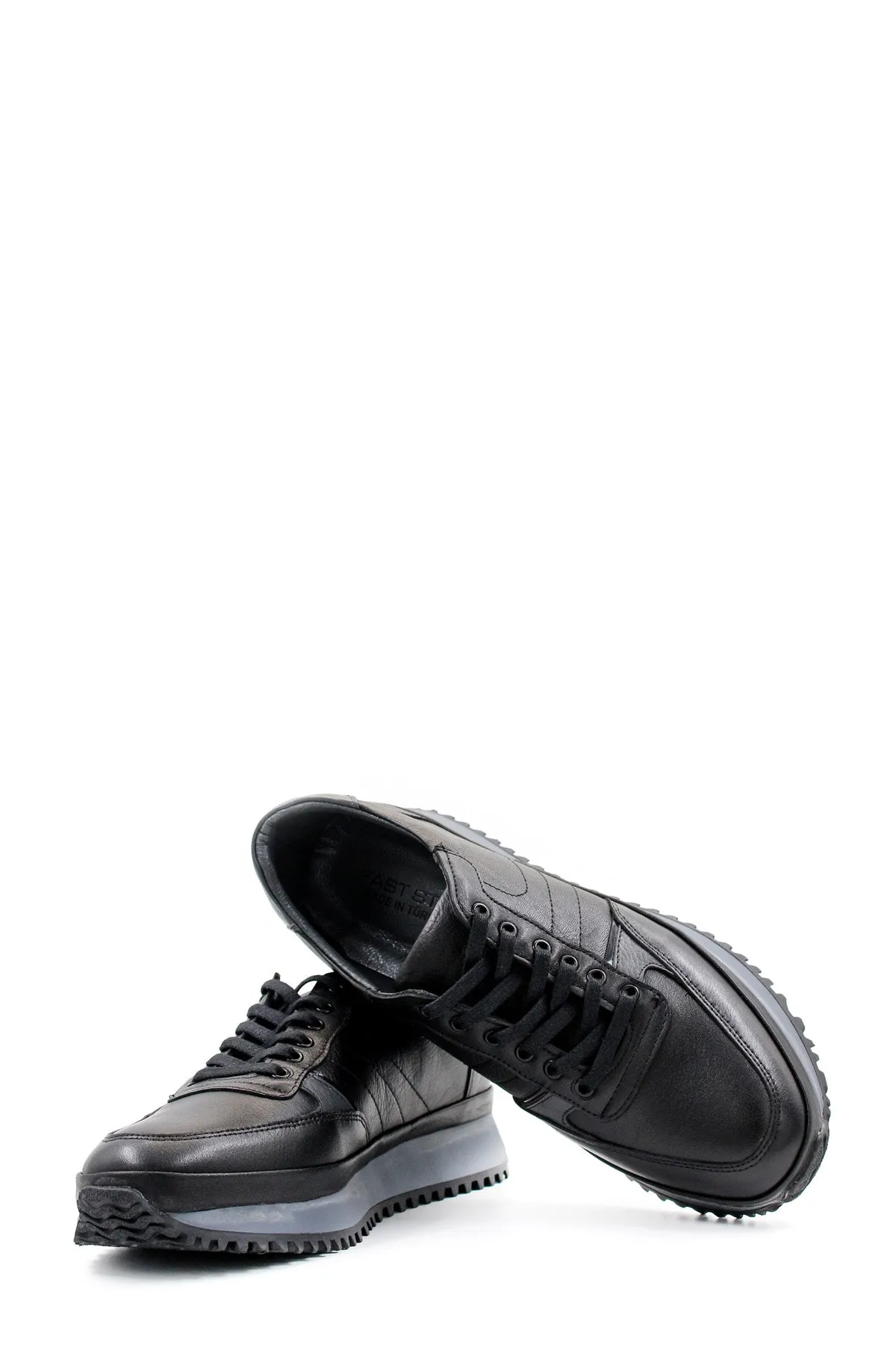 Men's Black Leather Lace-Up Sneakers with Contrasting Sole - Wessi