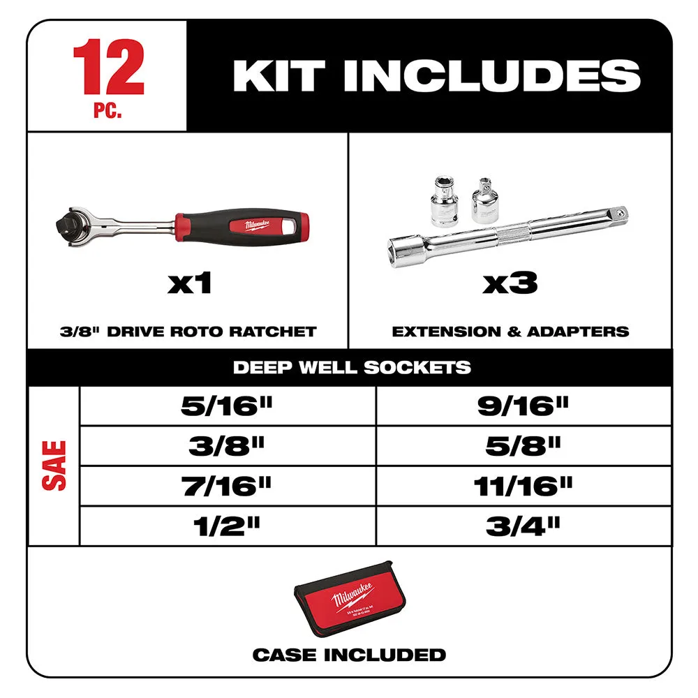 Milwaukee 48-22-9000 12 Piece 3/8" Drive SAE Socket Set