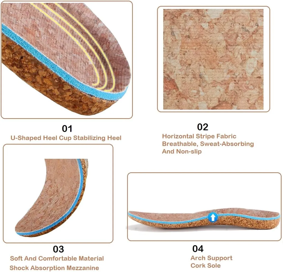 Nature Cork Arch Support Insoles for Men and Women Shoe Inserts Orthotic Inserts Flat Feet Foot - Plantar Fasciitis Orthotic Insoles for Arch Pain High Arch - Boot Insoles (Women 10.5-11/Men 10-10.5)