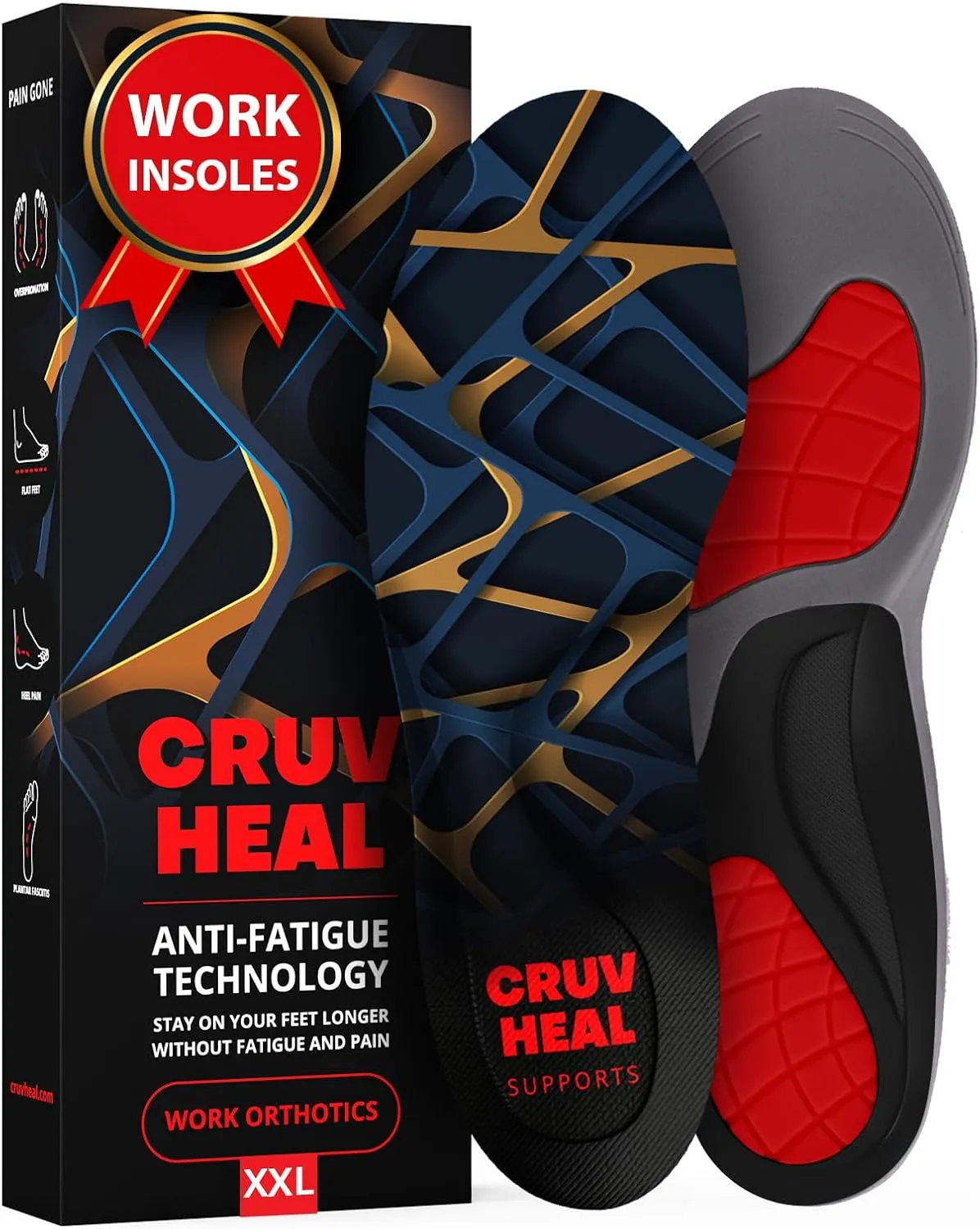 (New) Work Orthotic Insoles - Anti Fatigue Medium Arch Support Shoe Insert Men Women - for Plantar Fasciitis Flat Feet Leg - Relieve Foot Pain - Work Boot Insoles Standing All Day (XXL, Blue Lines)