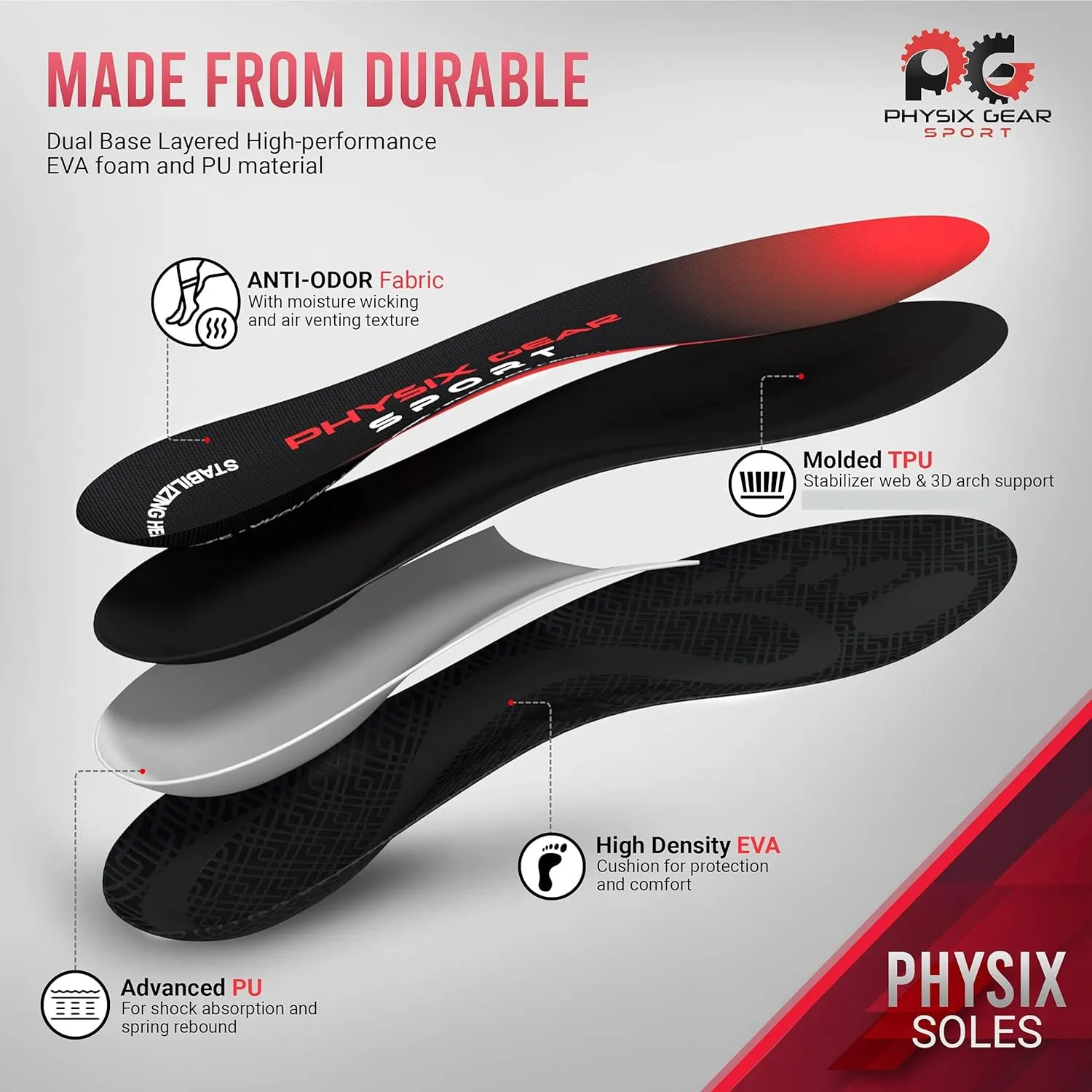 Physix Gear Orthotic Insoles for Men & Women - Arch Support Orthotics Insole, Orthopedic Insoles, Inserts for Men & Women, Foot Insoles for Plantar Fasciitis Comfort, Shoe Insert, Feet, Red/Black, XL