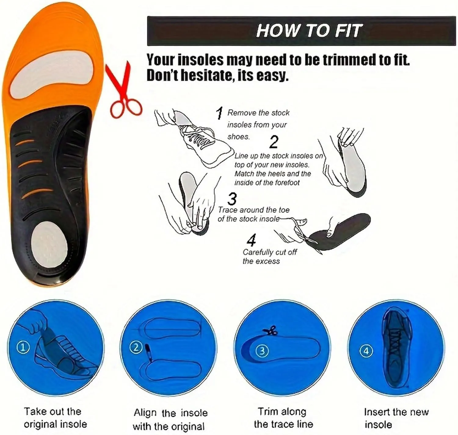 Plantar Fasciitis Relief Insoles for Women and Men 1 Pair Arch Support Insoles Gel Orthotic Inserts for Work Boot Shoe Insoles (Orange, XL)