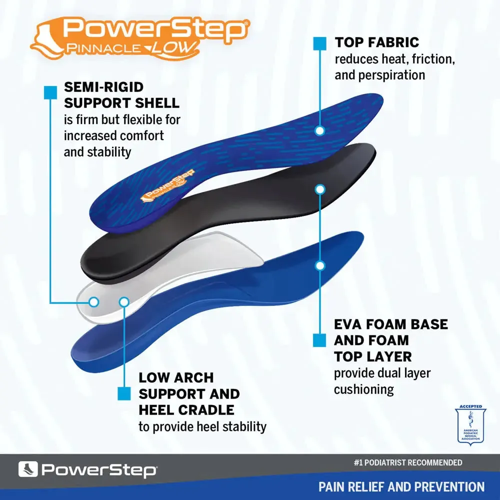 PowerStep Pinnacle Low Insoles – Designed for Low Arches and Overpronation Relief