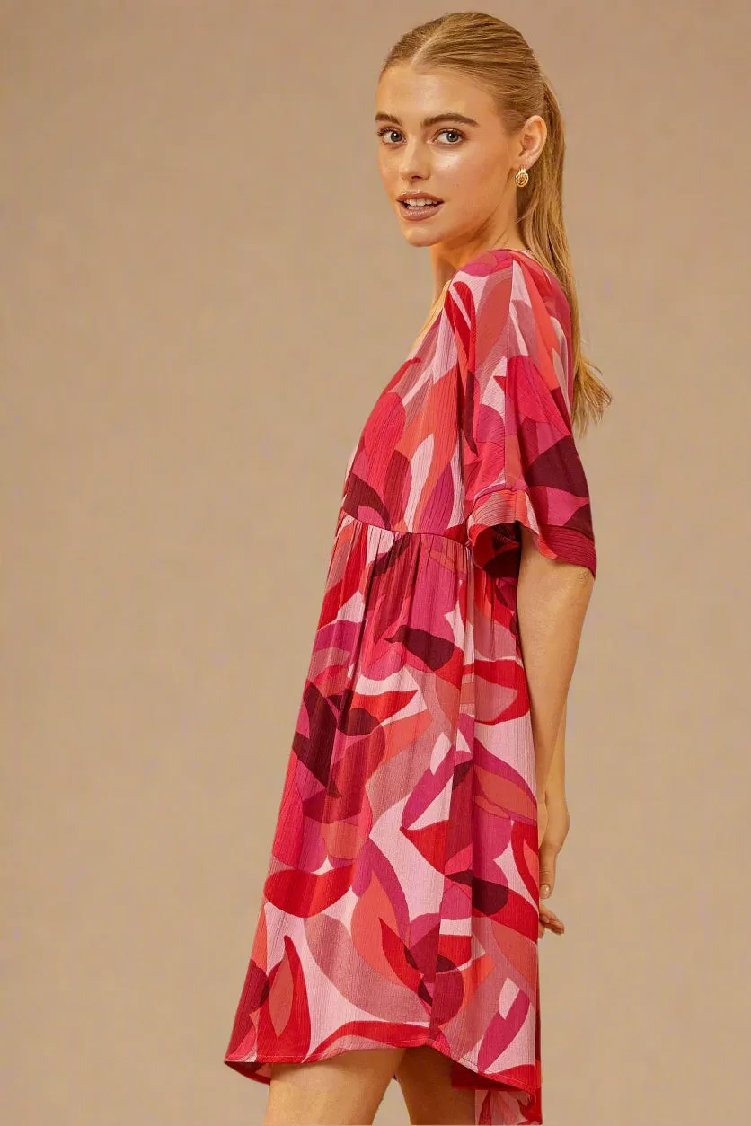Retro Print Babydoll Dress - Magenta
