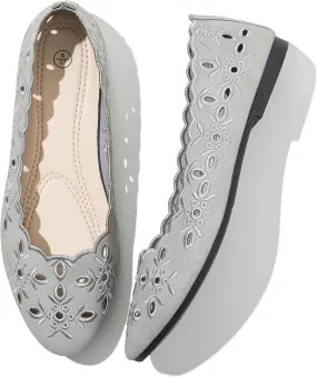 Shupua Women's Comfortable Dress Shoes Ballet Flats Slip On Shoes Black Flats Round Toe PU Leather Flats Summer with Floral Eyelets