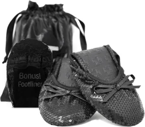 Silky Toes Women's Foldable Sequin Shoes Dressy Ballet Flats Roll Up Slipper Shoe with Matching Carrying Pouch