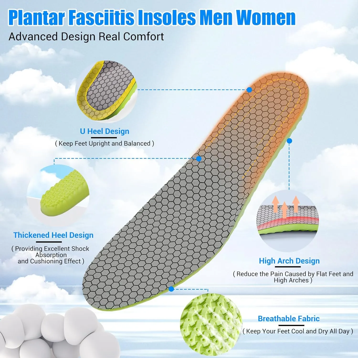 Upgraded Cloud Insoles for Men and Women, Best Replacement Shoe Inserts, Sports Shoe Insoles, Providing Great Shock Absorption and Cushioning for Feet Relief (Gray, Women: US 4-8.5)