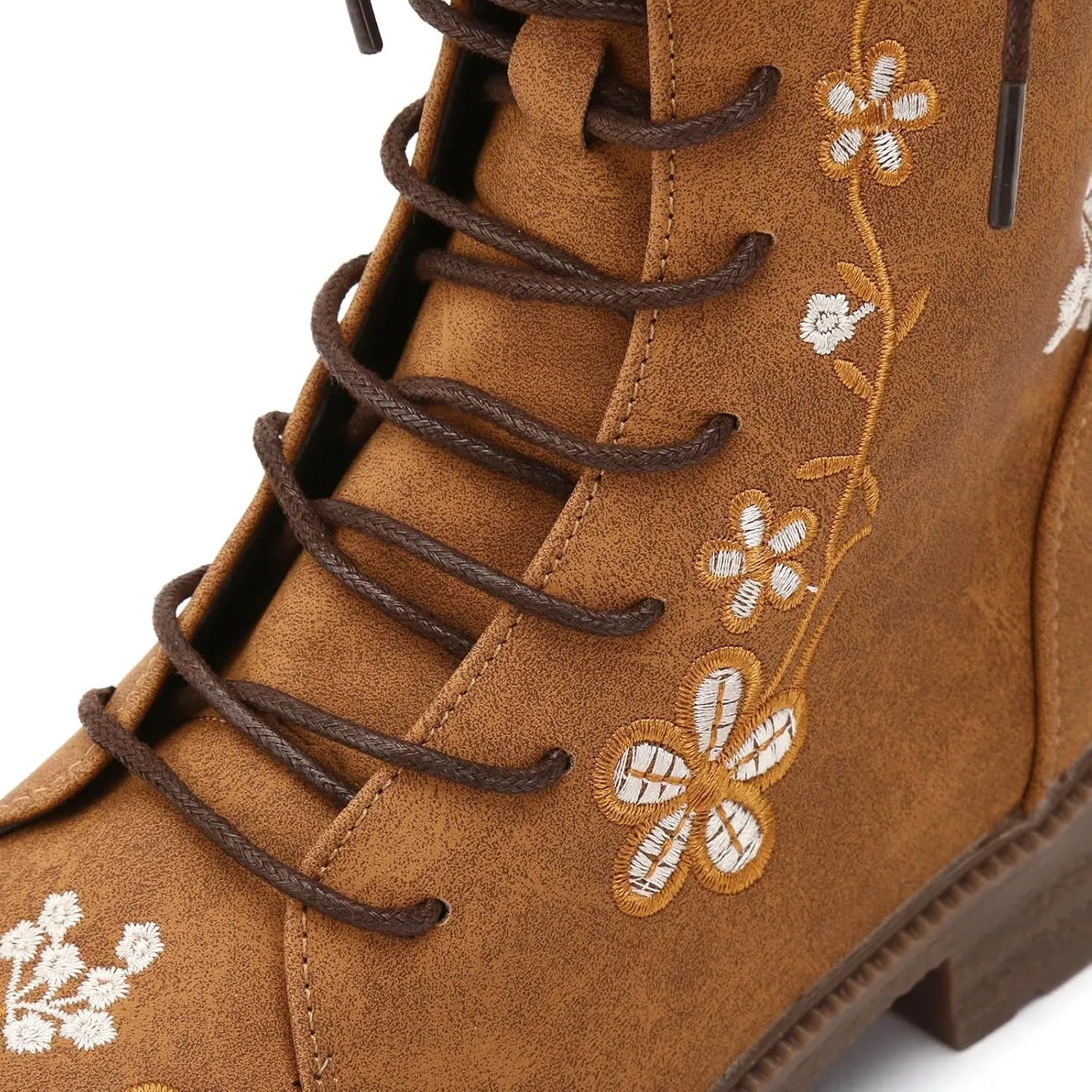 Vintage Combat Boots for Women - Floral Embroidered Suede - Lace Up Low Heel Riding Ankle Booties - 2024 Fall Winter Boots