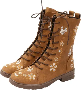 Vintage Combat Boots for Women - Floral Embroidered Suede - Lace Up Low Heel Riding Ankle Booties - 2024 Fall Winter Boots