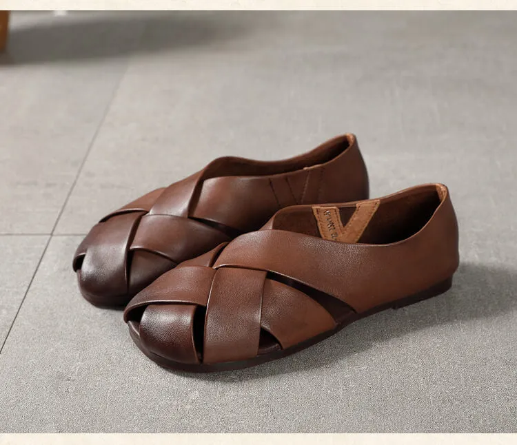 Women Retro Leather Weave Foldable Flats
