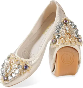 Women's Ballet Flats Rhinestones Wedding Ballerina Shoes Foldable Sparkly Comfort Slip on Flat Shoes